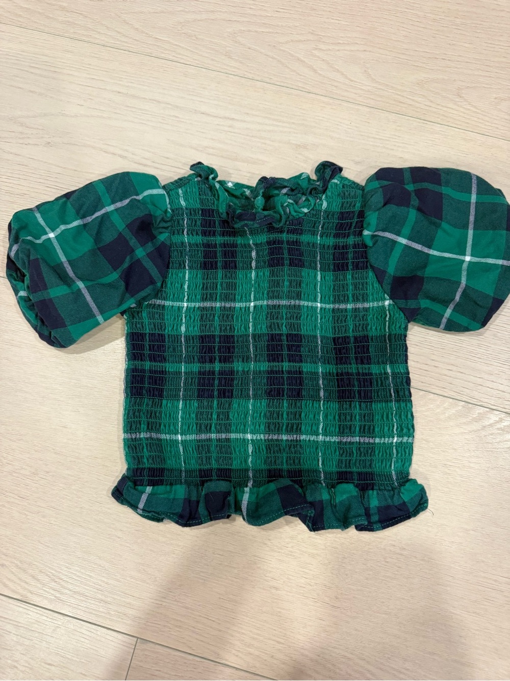Janie and Jack Green Tartan Plaid Smocked Puff Sleeve Top | 12-18 months